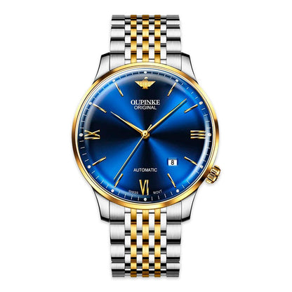 Swiss Ultra Thin Men's Watch 3269OUPINKESTEEL, JDRP Luxury, Golden Blue Face, Front Image