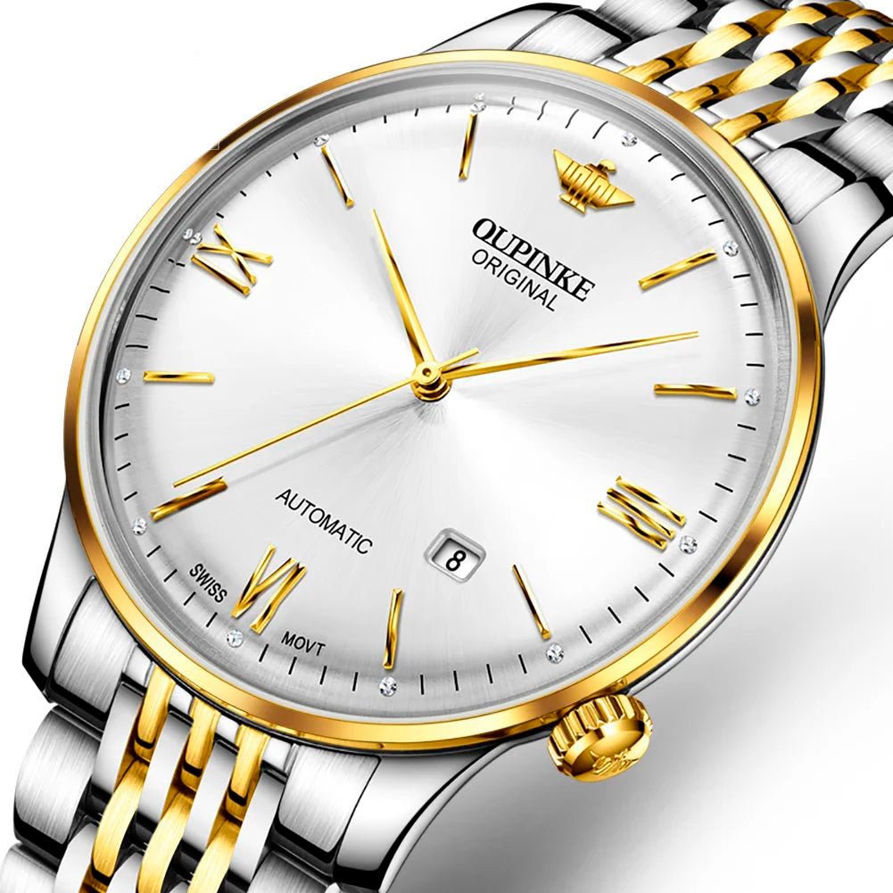 Swiss Ultra Thin Men's Watch 3269OUPINKESTEEL, JDRP Luxury, Golden White Face, Side Image