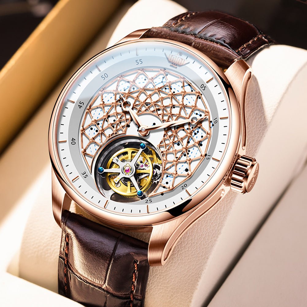 Luxury watch with brown leather strap and intricate mechanical design on beige background