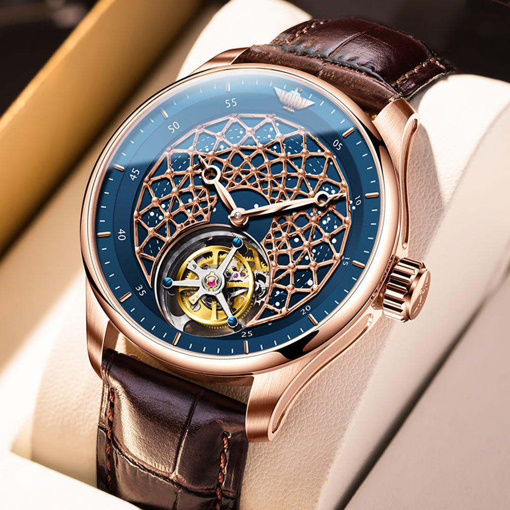 Luxury watch with brown leather strap and intricate blue and gold face