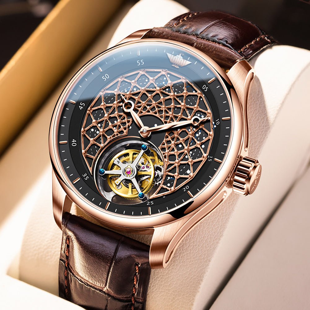 Luxury watch with brown leather strap and intricate design on beige background