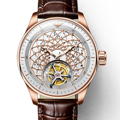Luxury watch with brown leather strap and intricate mechanical design on a light gray background
