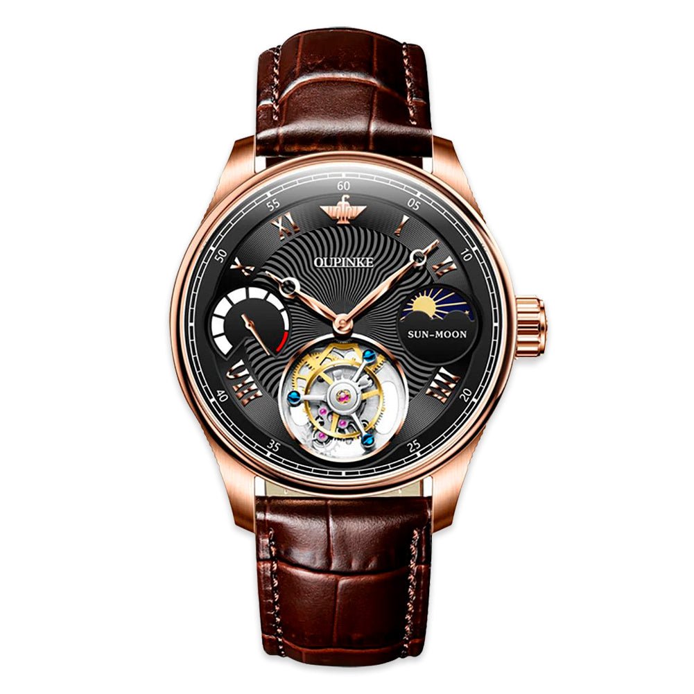 Tourbillon Automatic Men's Watch 8001 OUPINKE  , JDRP Luxury, Black Face, Brown Belt, Front Image