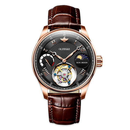 Tourbillon Automatic Men's Watch 8001 OUPINKE  , JDRP Luxury, Black Face, Brown Belt, Front Image