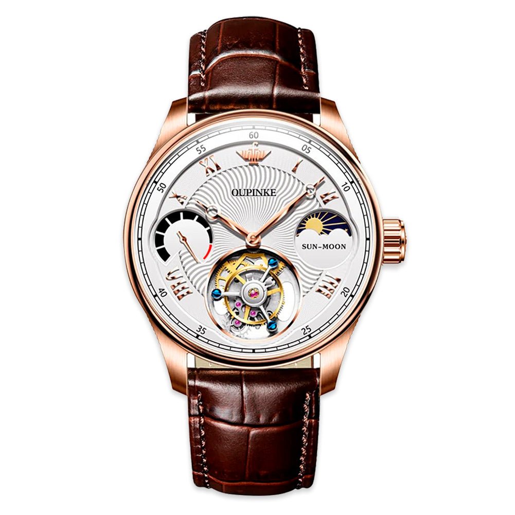 Tourbillon Automatic Men's Watch 8001 OUPINKE , JDRP Luxury, White Face, Brown Strap, Front Image