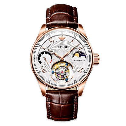 Tourbillon Automatic Men's Watch 8001 OUPINKE , JDRP Luxury, White Face, Brown Strap, Front Image