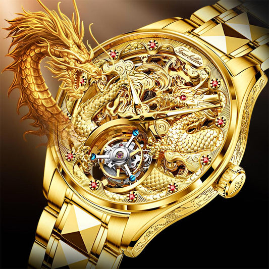 OUPINKE 3176 Flying Dragon men's automatic tourbillon watch gold steel bracelet skeleton dial JDRP-Luxury