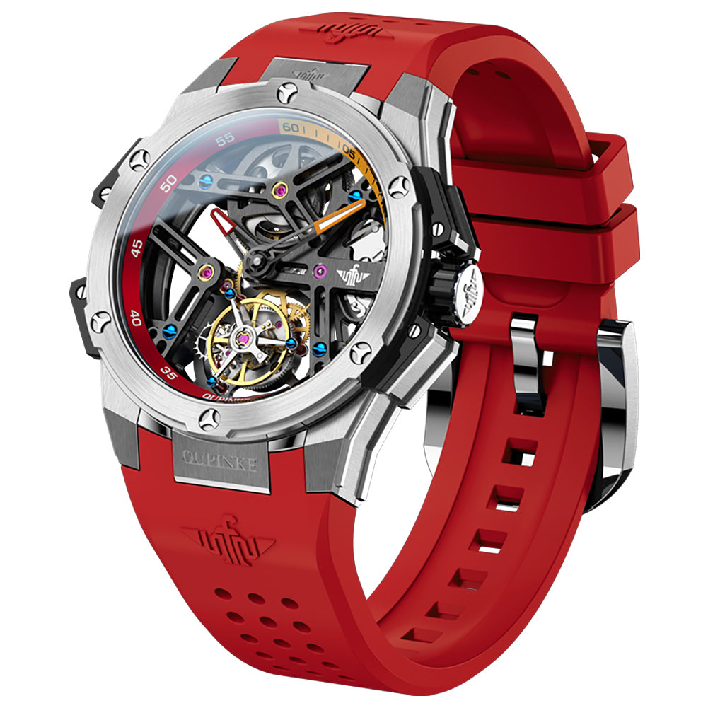 Red watch with a detailed mechanical face on a white background
