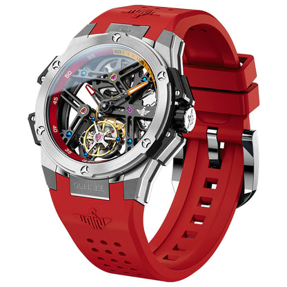 Red watch with a detailed mechanical face on a white background