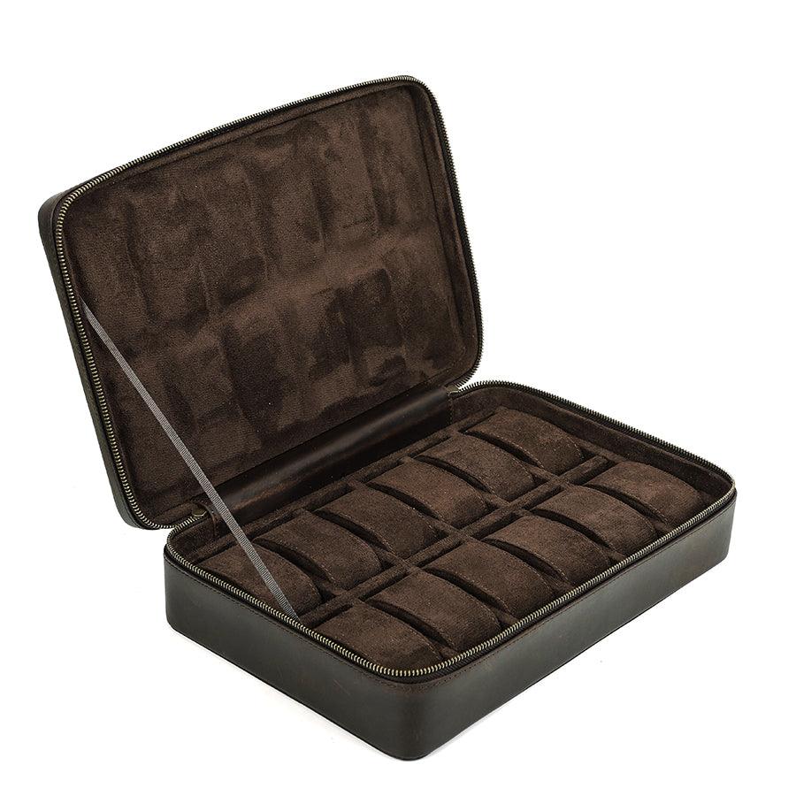 Watch Travel Case with 12 Slots, Luxury Leather, JDRP Luxury, Open Display without Image