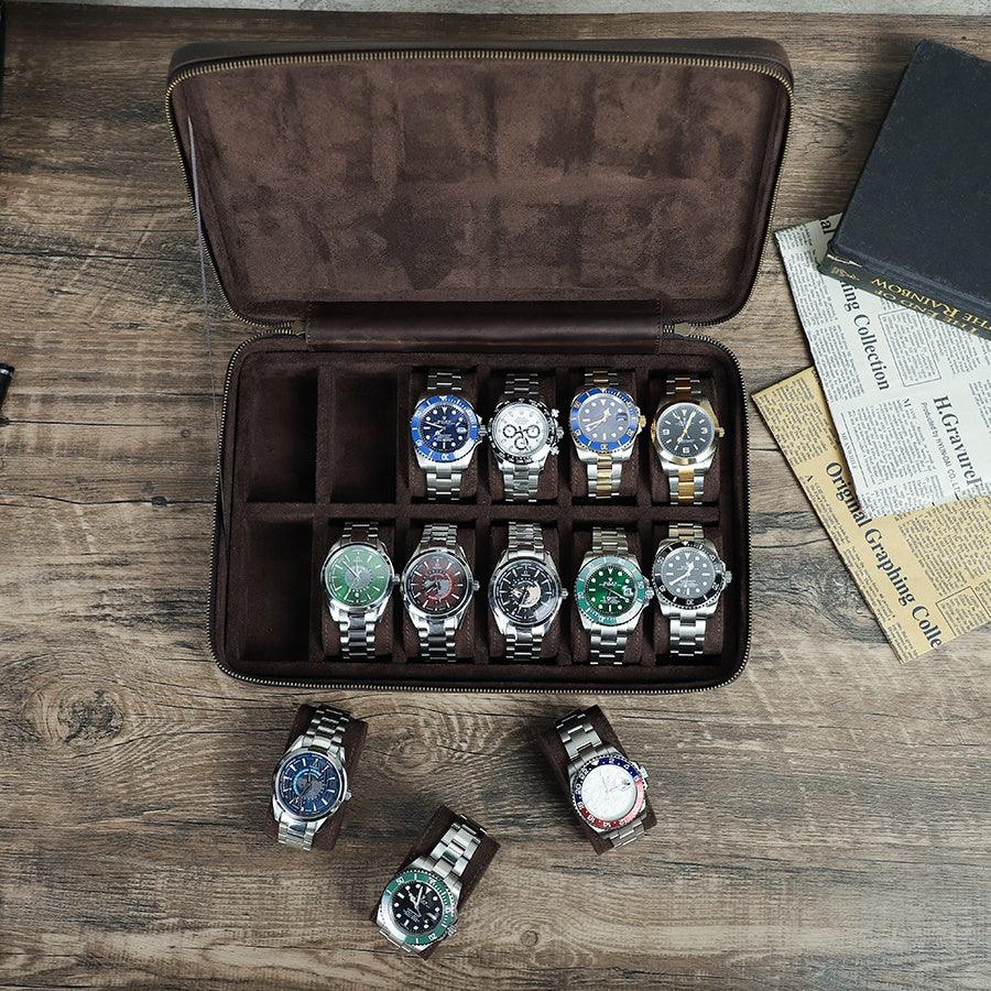 Watch Travel Case with 12 Slots, Luxury Leather, JDRP Luxury, Open Display with Watches Design Image 1
