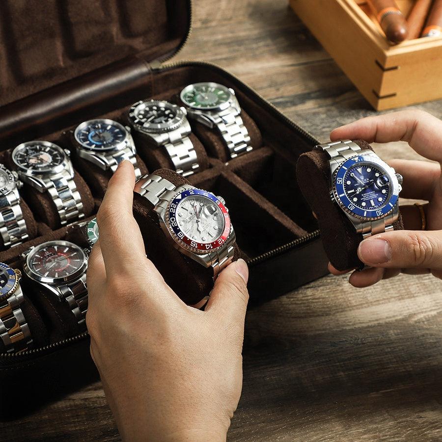 Watch Travel Case with 12 Slots, Luxury Leather, JDRP Luxury, Open Display with Watches Design Image  2