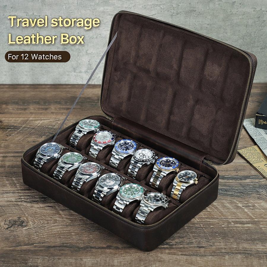 Watch Travel Case with 12 Slots, Luxury Leather, JDRP Luxury, Open Display with Watch Image