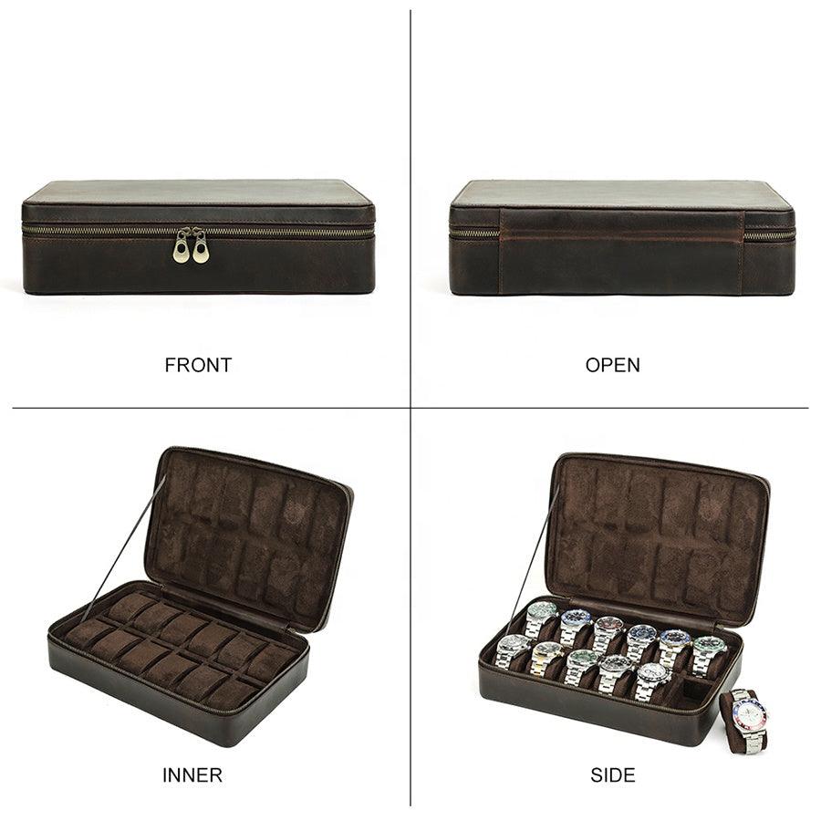Watch Travel Case with 12 Slots, Luxury Leather, JDRP Luxury, Display Case All Sides Image 